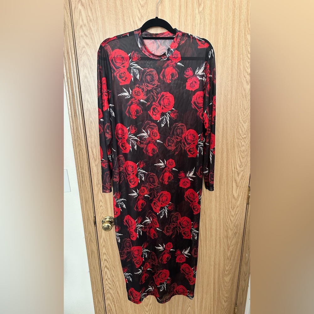 Elegant Red Rose Print Dress